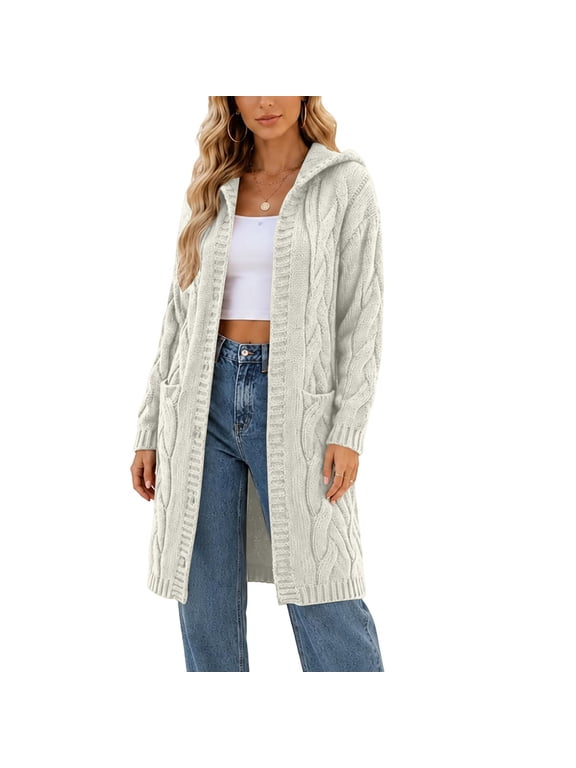 Women's Hooded Cable Knit Cardigan with Pockets, Open Front Long Sleeve Chunky Sweater Coat, Oversized Loose Fit Outerwear for Fall Winter