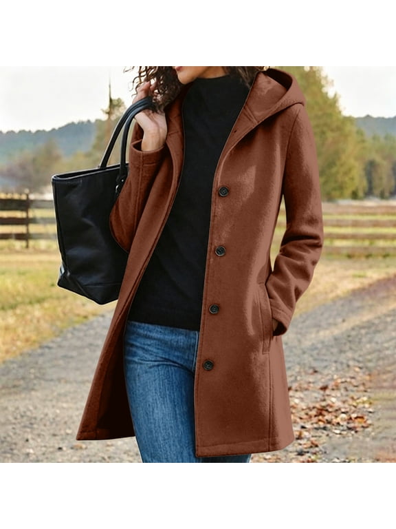 Women's Hooded Wool Blend Peacoat Single Breasted Mid Length Coat with Pockets, Long Sleeve Solid Color Outerwear for Fall Winter Business Casual Daily Wear