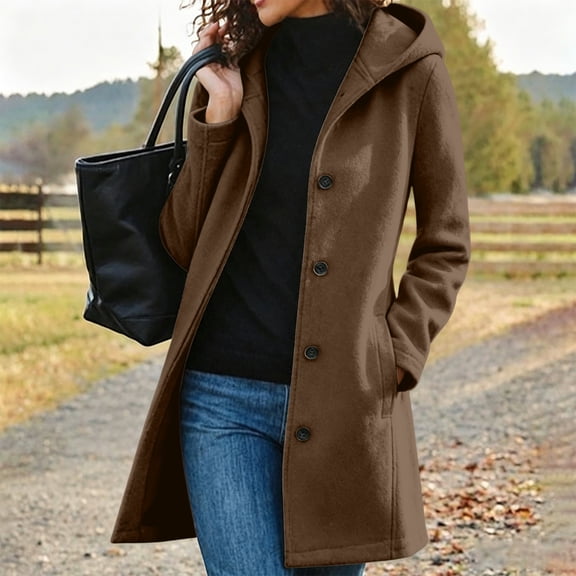 MOONDU Women's Hooded Wool Blend Peacoat Single Breasted Mid Length Coat with Pockets, Long Sleeve Solid Color Outerwear for Fall Winter Business Casual Daily Wear