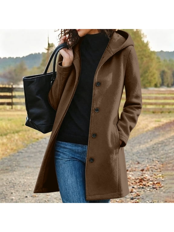 Women's Hooded Wool Blend Peacoat Single Breasted Mid Length Coat with Pockets, Long Sleeve Solid Color Outerwear for Fall Winter Business Casual Daily Wear