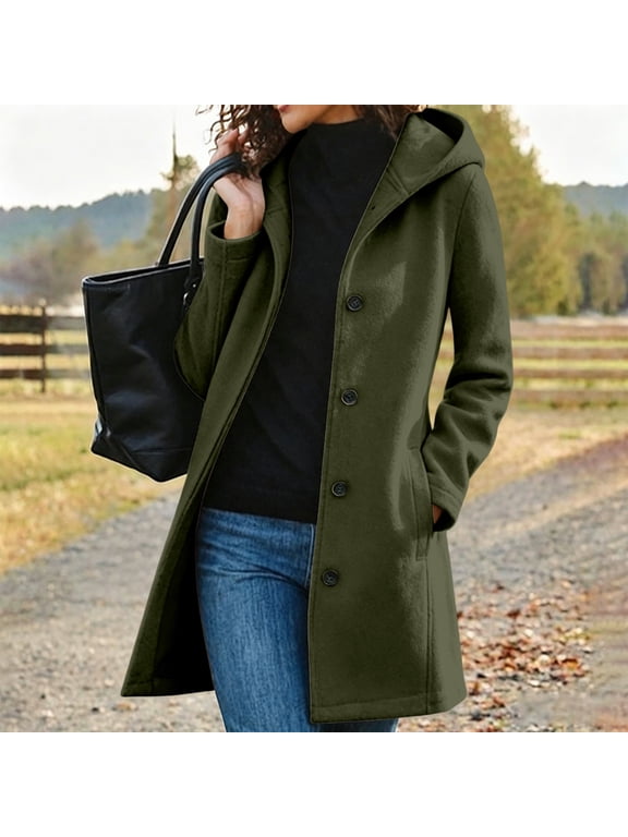 Women's Hooded Wool Blend Peacoat Single Breasted Mid Length Coat with Pockets, Long Sleeve Solid Color Outerwear for Fall Winter Business Casual Daily Wear
