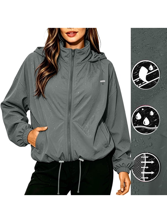 Women's Lightweight Hooded Windbreaker with Pockets, Full Zip Water Resistant Rain Jacket, Drawstring Hem Elastic Cuffs Outdoor Coat for Hiking Travel