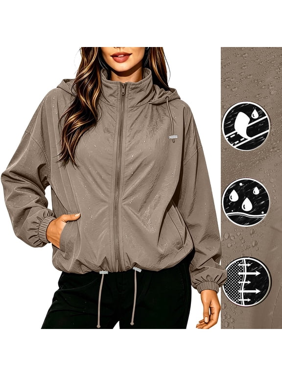 Women's Lightweight Hooded Windbreaker with Pockets, Full Zip Water Resistant Rain Jacket, Drawstring Hem Elastic Cuffs Outdoor Coat for Hiking Travel