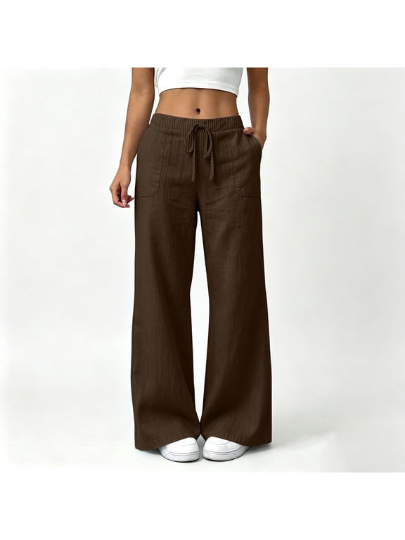 Women's Linen Pants Cotton Linen Wide Leg Drawstring Elastic Waist with Pockets High Waisted Solid Color Casual Trousers