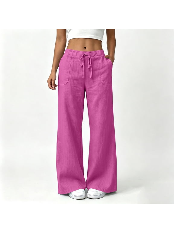 Women's Linen Pants Cotton Linen Wide Leg Drawstring Elastic Waist with Pockets High Waisted Solid Color Casual Trousers