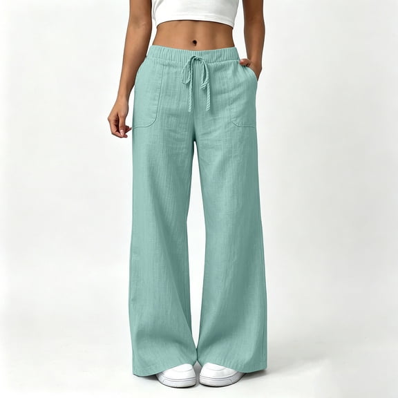 MOONDU Women's Linen Pants Cotton Linen Wide Leg Drawstring Elastic Waist with Pockets High Waisted Casual Trousers