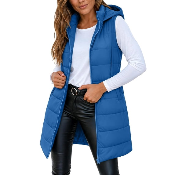 MOONDU Women's Long Puffer Vest Hooded Sleeveless Quilted Zip Up Longline Winter Warm Outerwear with Pockets Casual Top 8 Colors S-XXL