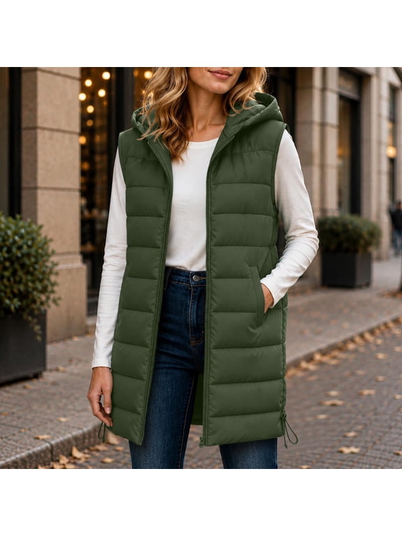 Women's Long Puffer Vest Hooded Zip Up Quilted Sleeveless Jacket with Pockets, Drawstring Waist Lightweight Gilet for Fall Winter Layering Casual Wear