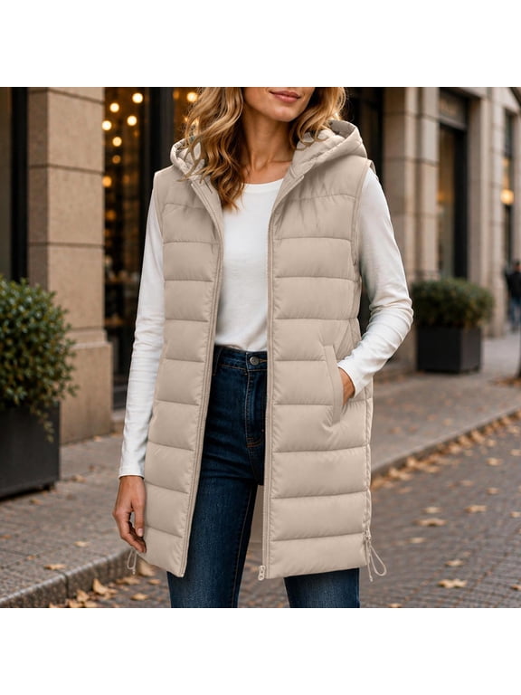 Women's Long Puffer Vest Hooded Zip Up Quilted Sleeveless Jacket with Pockets, Drawstring Waist Lightweight Gilet for Fall Winter Layering Casual Wear