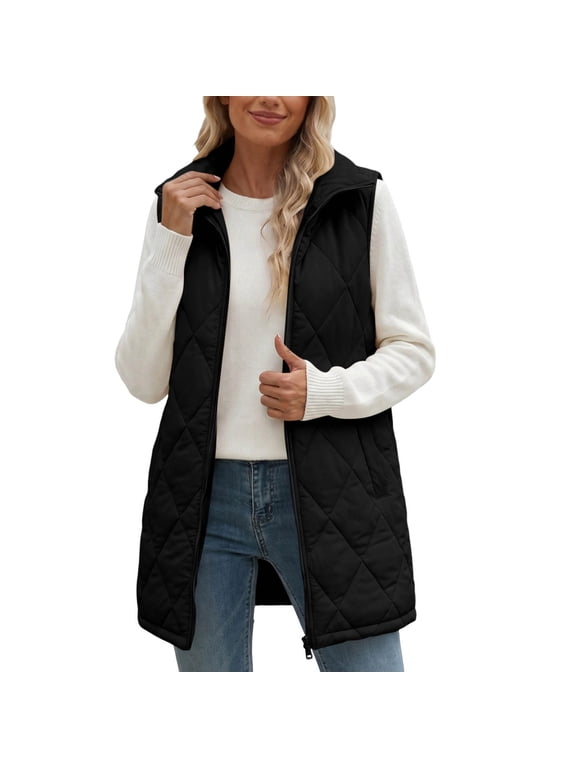 Women's Long Puffer Vest Quilted Sleeveless Jacket with Pockets, Stand Collar Zip Up Lightweight Gilet for Fall Winter Layering Casual Daily Wear