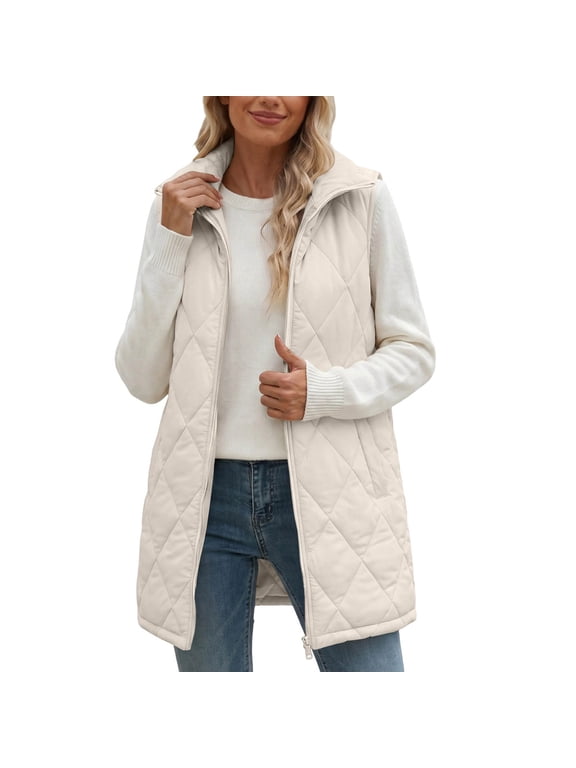 Women's Long Puffer Vest Quilted Sleeveless Jacket with Pockets, Stand Collar Zip Up Lightweight Gilet for Fall Winter Layering Casual Daily Wear