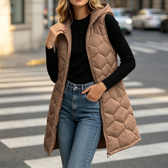 MOONDU Women's Long Puffer Vest with Hood, Sleeveless Zip Up Quilted Jacket, Lightweight Warm Winter Outerwear with Pockets for Fall