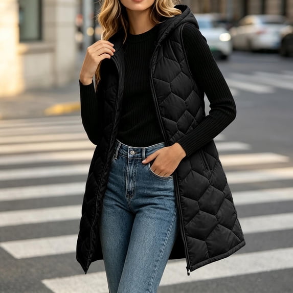MOONDU Women's Long Puffer Vest with Hood, Sleeveless Zip Up Quilted Jacket, Lightweight Warm Winter Outerwear with Pockets for Fall