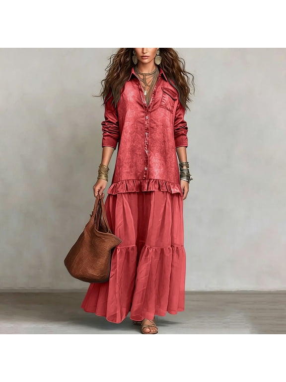 Women's Maxi Dress Shirt Dress Button Down Collared Long Sleeve Tiered Boho Flowy Denim Print with Pockets Casual Beach Vacation Daily Wear