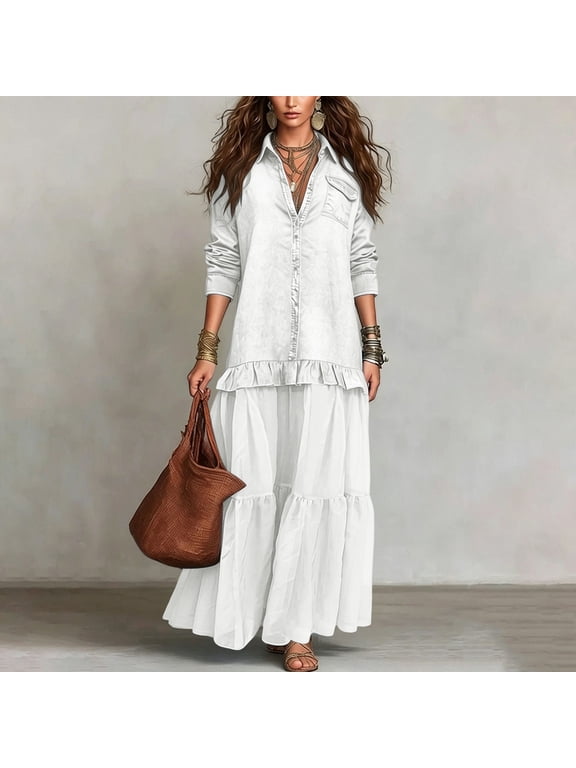 Women's Maxi Dress Shirt Dress Button Down Collared Long Sleeve Tiered Boho Flowy Denim Print with Pockets Casual Beach Vacation Daily Wear