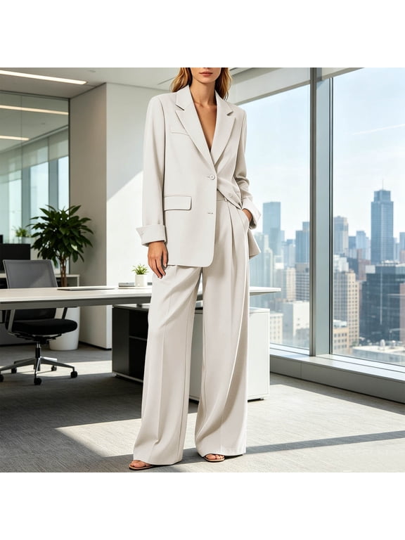 Women's Pant Suits Two Piece Set Blazer and Pants Notched Lapel Button Down Long Sleeve Wide Leg with Pockets Business Casual Fall Winter Daily Wear Office