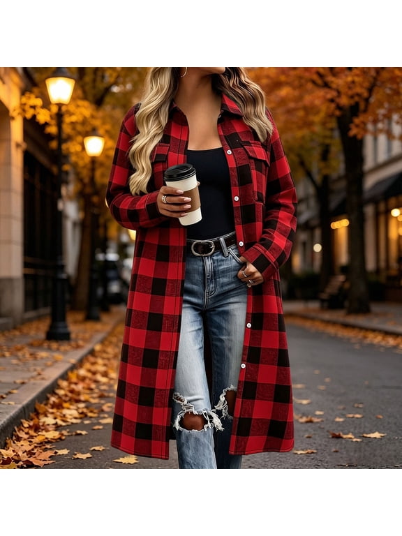 Women's Plaid Shacket with Hood, Long Sleeve Button Down Fleece Lined Coat, Oversized Casual Warm Outerwear with Pockets for Fall Winter