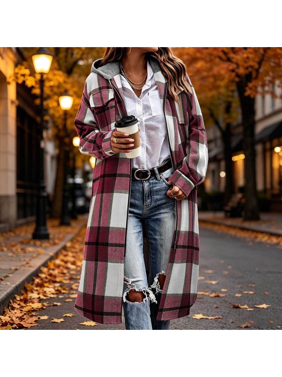 Women's Plaid Shacket with Hood, Long Sleeve Zip Up Fleece Lined Coat, Oversized Casual Warm Outerwear with Pockets for Fall Winter