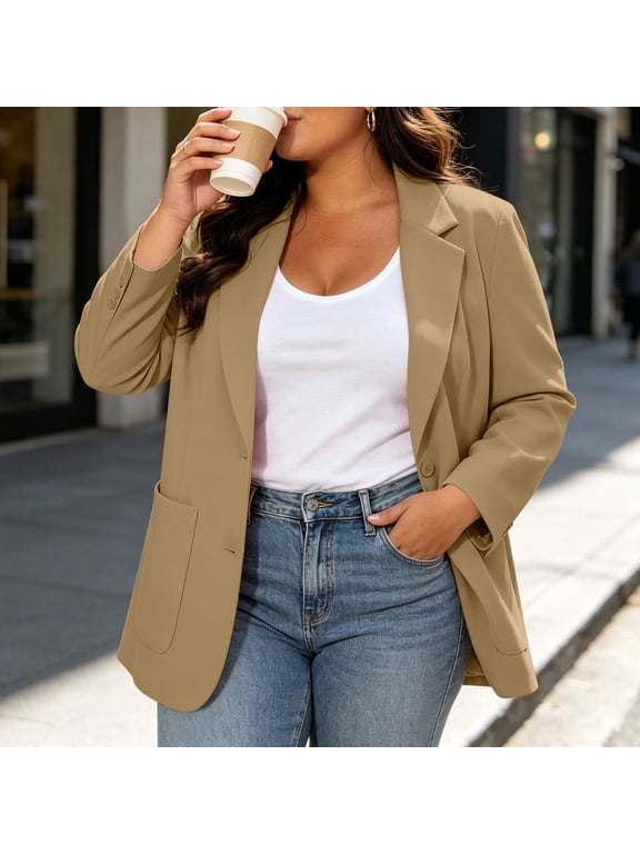 Women's Plus Size Blazer Open Front Lapel Collar Long Sleeve Business Casual Jacket with Pockets, Lined Work Office Suit Coat for Daily Professional Wear
