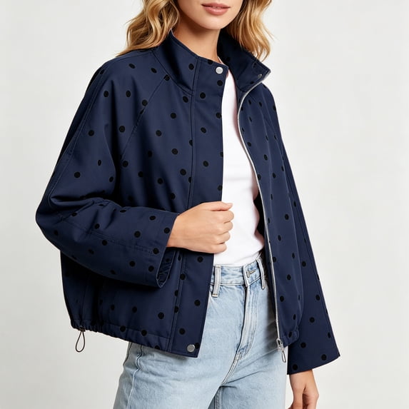 MOONDU Women's Polka Dot Jacket Zip Up Cropped Bomber Coat with Pockets, Stand Collar Drawstring Hem Loose Fit Lightweight Outerwear for Fall Spring Casual Travel Daily Wear