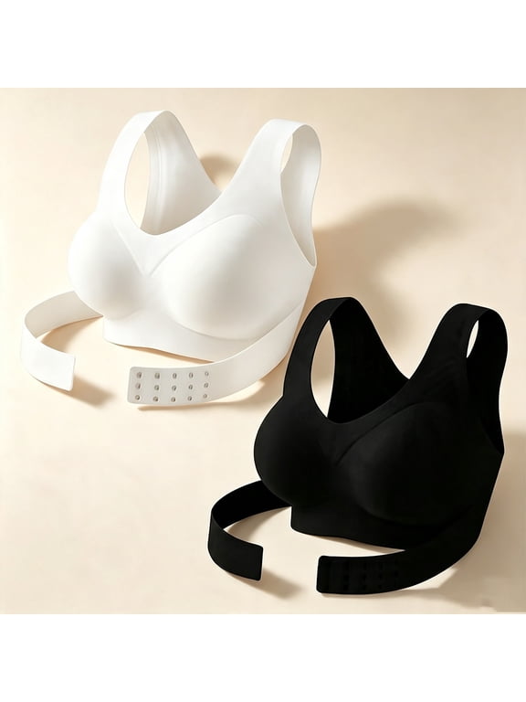 Women's Posture Bra 2 Pack Front Closure Wireless Back Support Seamless Full Coverage Bra with Adjustable Straps for Seniors Arthritis Everyday Wear S-XXL