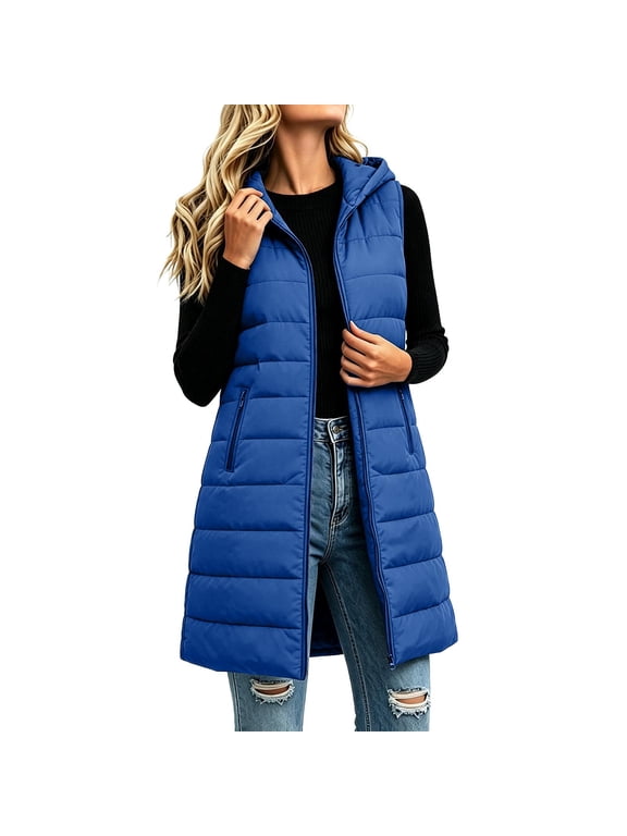 Women's Puffer Vest Long Quilted Hooded Zip Up Sleeveless Warm Winter Coat Lightweight with Pockets Casual Fall Winter Daily Wear