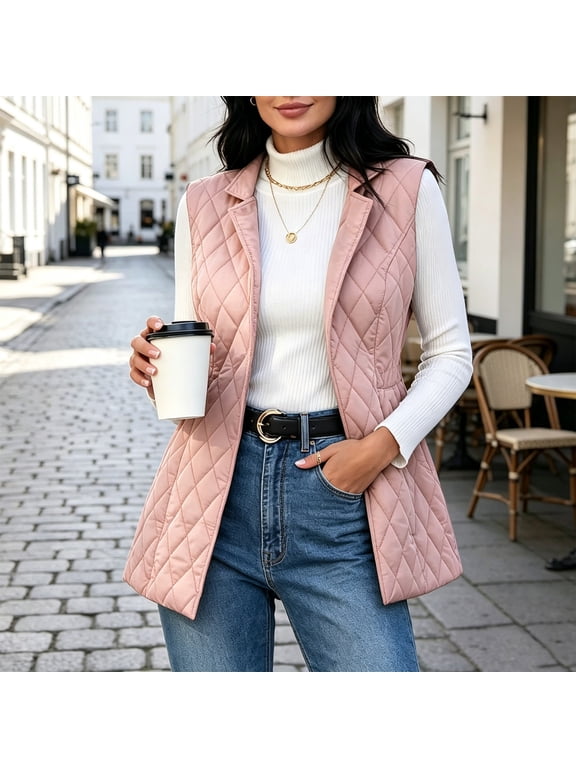 Women's Puffer Vest Quilted Sleeveless Lapel Collar Open Front Long Lightweight Warm Winter Coat with Pockets Casual Fall Winter Daily Wear