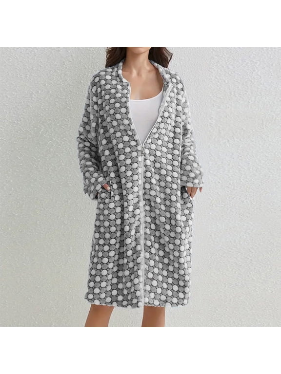 Women's Robe Fleece Flannel Zip Up Housecoat Long Sleeve Warm Plush with Pockets Cozy Soft Winter Lounge Sleepwear