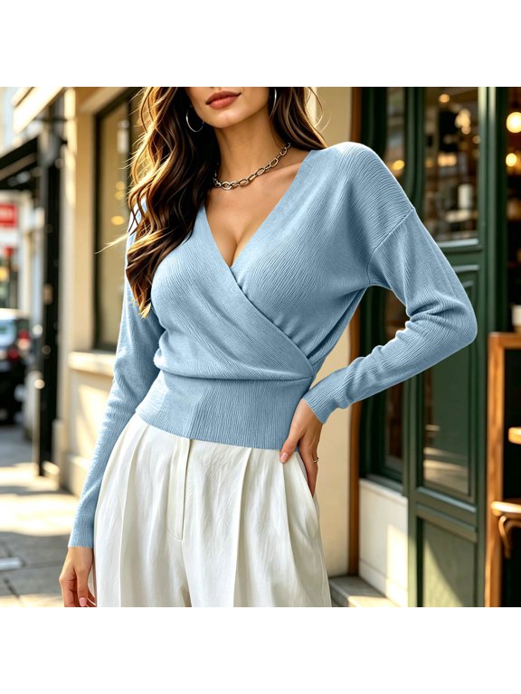 Women's Surplice Neck Sweater Long Sleeve Ribbed Knit Wrap Pullover with Cinched Waist, Slim Fit Soft Knit Top for Fall Winter Work Layering Daily Wear
