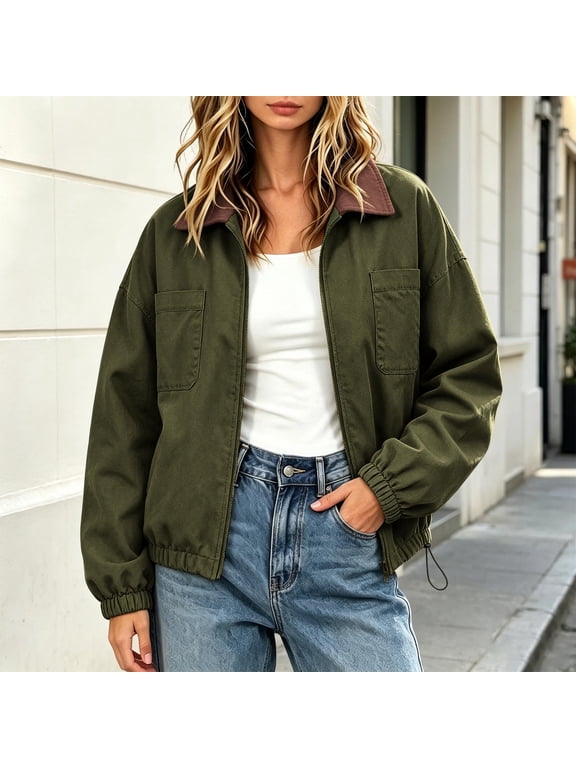 Women's Utility Jacket Collared Zip Up Drawstring Hem Cropped Long Sleeve with Pockets Lightweight Casual Fall Winter Daily Wear Streetwear