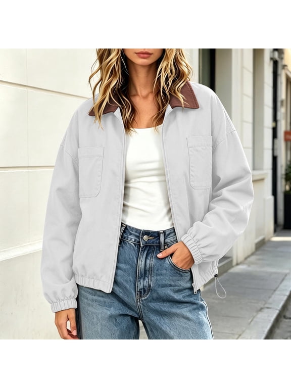 Women's Utility Jacket Collared Zip Up Drawstring Hem Cropped Long Sleeve with Pockets Lightweight Casual Fall Winter Daily Wear Streetwear