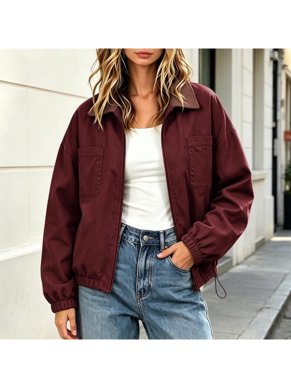 Women's Utility Jacket Collared Zip Up Drawstring Hem Cropped Long Sleeve with Pockets Lightweight Casual Fall Winter Daily Wear Streetwear