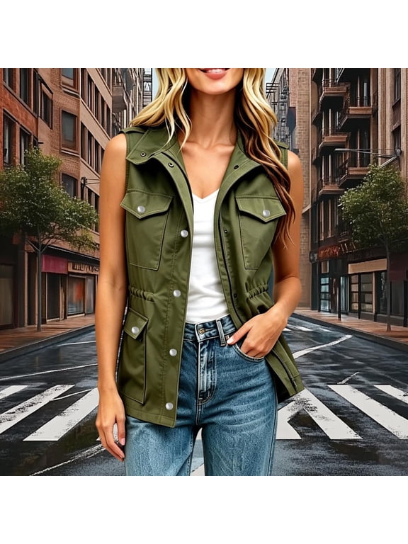 Women's Utility Vest Sleeveless Drawstring Waist Button Down Collared Cargo Vest with Pockets Loose Fit Casual Fall Winter Daily Wear Outdoor