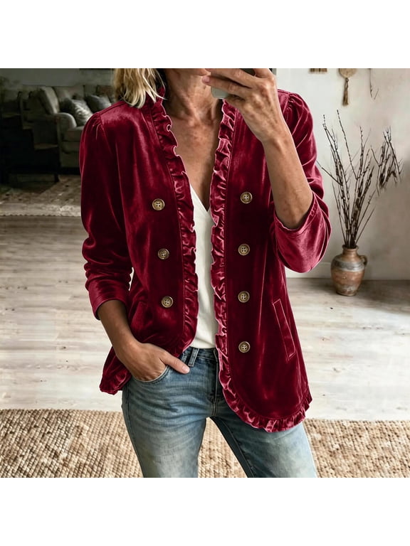 Women's Velvet Blazer Ruffle Double Breasted Open Front Velour Button Down Long Sleeve with Pockets Party Work Fall Winter Daily Wear