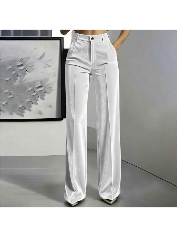 Women's Velvet Wide Leg Pants with Pockets, High Waisted Button Zip Front Trousers, Front Seam Loose Fit Casual Bottoms for Fall Winter