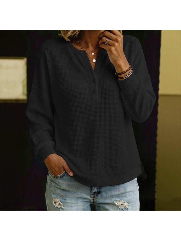 Women's Waffle Knit Henley Top Button Down Long Sleeve Drop Shoulder Loose Fit Soft Viscose Blend Casual Fall Blouse 7 Colors S-XXXL