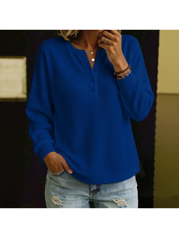 Women's Waffle Knit Henley Top Button Down Long Sleeve Drop Shoulder Loose Fit Soft Viscose Blend Casual Fall Blouse 7 Colors S-XXXL