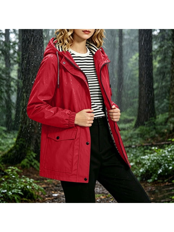 Women's Waterproof Hooded Rain Jacket with Striped Lining, Lightweight Zip Up Windbreaker with Pockets, Casual Outdoor Coat for Travel Hiking