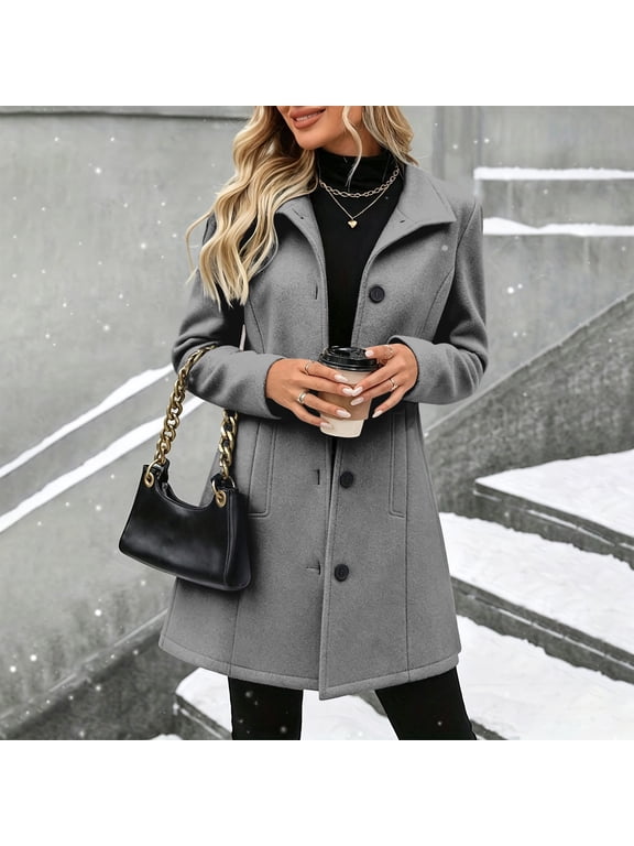 Women's Wool Blend Peacoat Notched Lapel Button Front Mid Length Coat with Pockets, Long Sleeve Solid Color Outerwear for Fall Winter Business Casual Daily Wear