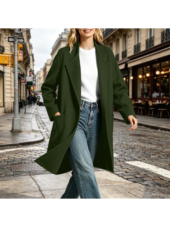Women's Wool Coat Pea Coat Notched Lapel Open Front Mid-Length Long Sleeve with Pockets Loose Fit Casual Fall Winter Daily Wear Work