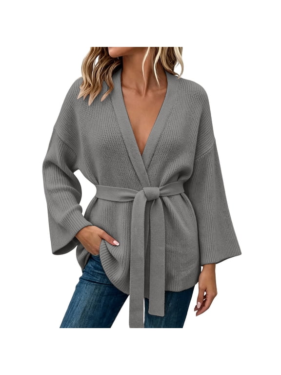 Women's Wrap Cardigan Tie Front Belted Ribbed Knit V-Neck Open Front Long Sleeve with Pockets Loose Fit Casual Fall Winter Daily Wear