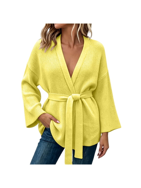 Women's Wrap Cardigan Tie Front Belted Ribbed Knit V-Neck Open Front Long Sleeve with Pockets Loose Fit Casual Fall Winter Daily Wear