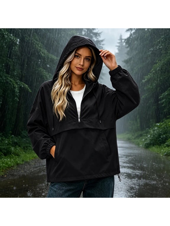 Womens Half Zip Rain Jacket Waterproof Windbreaker Removable Hood Lightweight Packable Outdoor Coat with Pockets for Travel Hiking