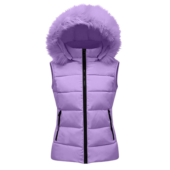 MOONDU Womens Puffer Vest Quilted Sleeveless Faux Fur Hood Zip Pockets Fall Winter Warm Outerwear for Layering Casual