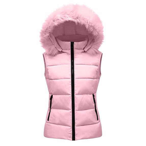 MOONDU Womens Puffer Vest Quilted Sleeveless Faux Fur Hood Zip Pockets Fall Winter Warm Outerwear for Layering Casual