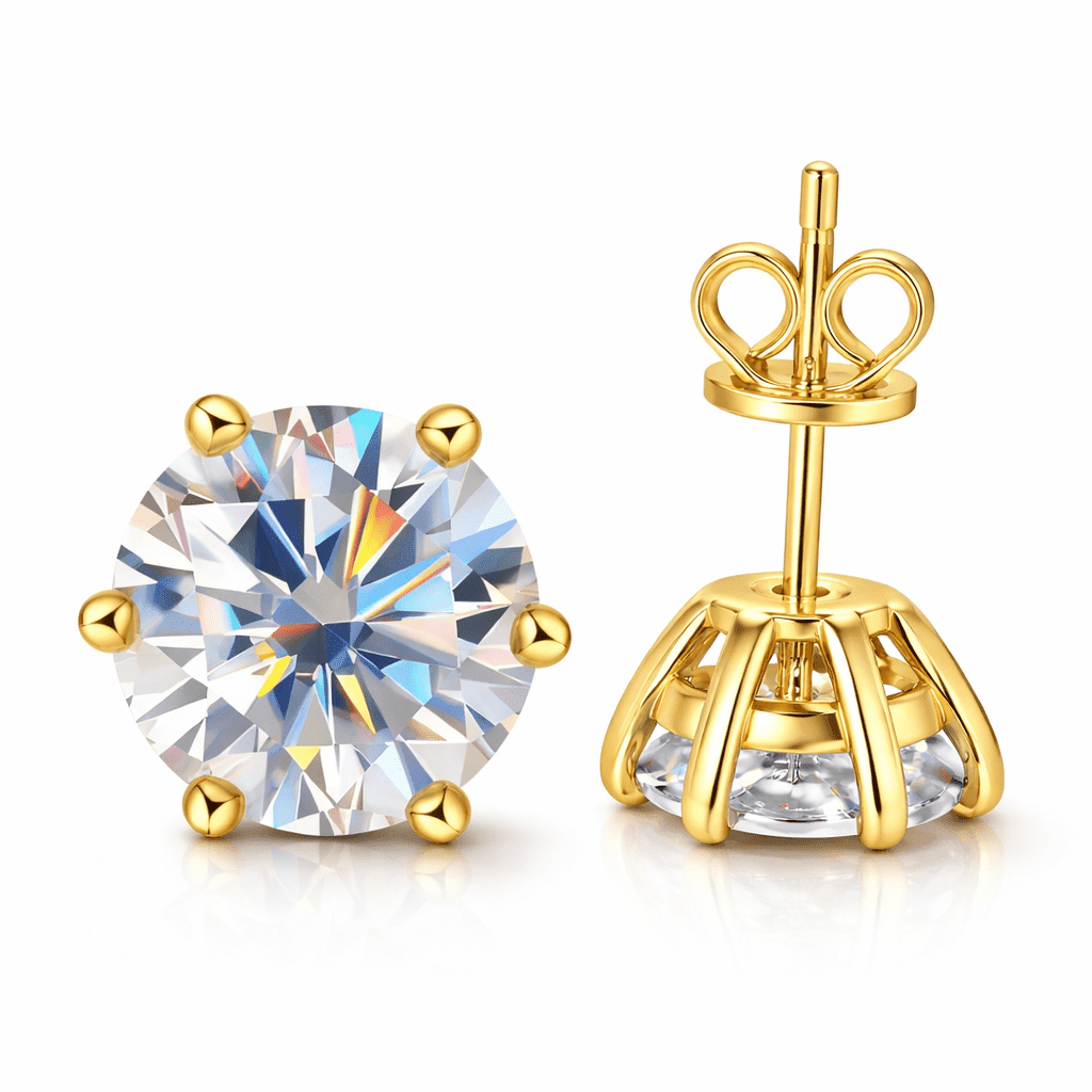 MOONELLE 3Ct Round Cut Moissanite Stud Earrings for Women, 925 Sterling Silver, Yellow Gold Plated