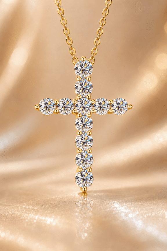 Moissanite Cross Necklace for Women, 925 Sterling Silver Cross Pendant, 18K Yellow Gold Plated, D Color VVS1 Moissanite