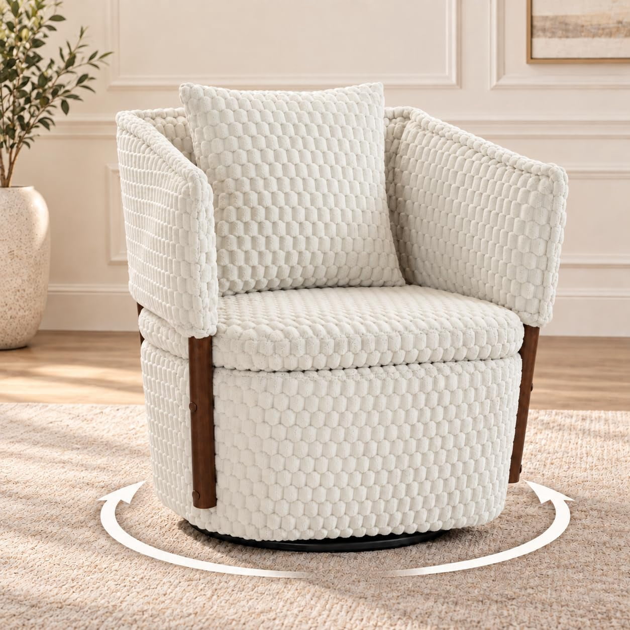 MOONIMSS 360°Swivel Accent Chair, Corduroy Vanity Chair with Storage,Beige