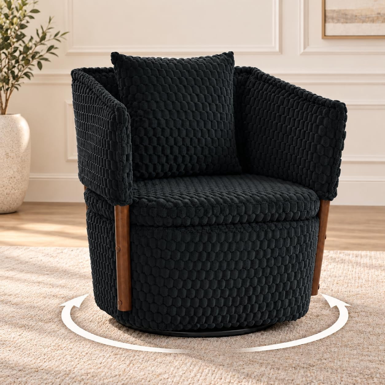 MOONIMSS 360°Swivel Accent Chair, Corduroy Vanity Chair with Storage,Black