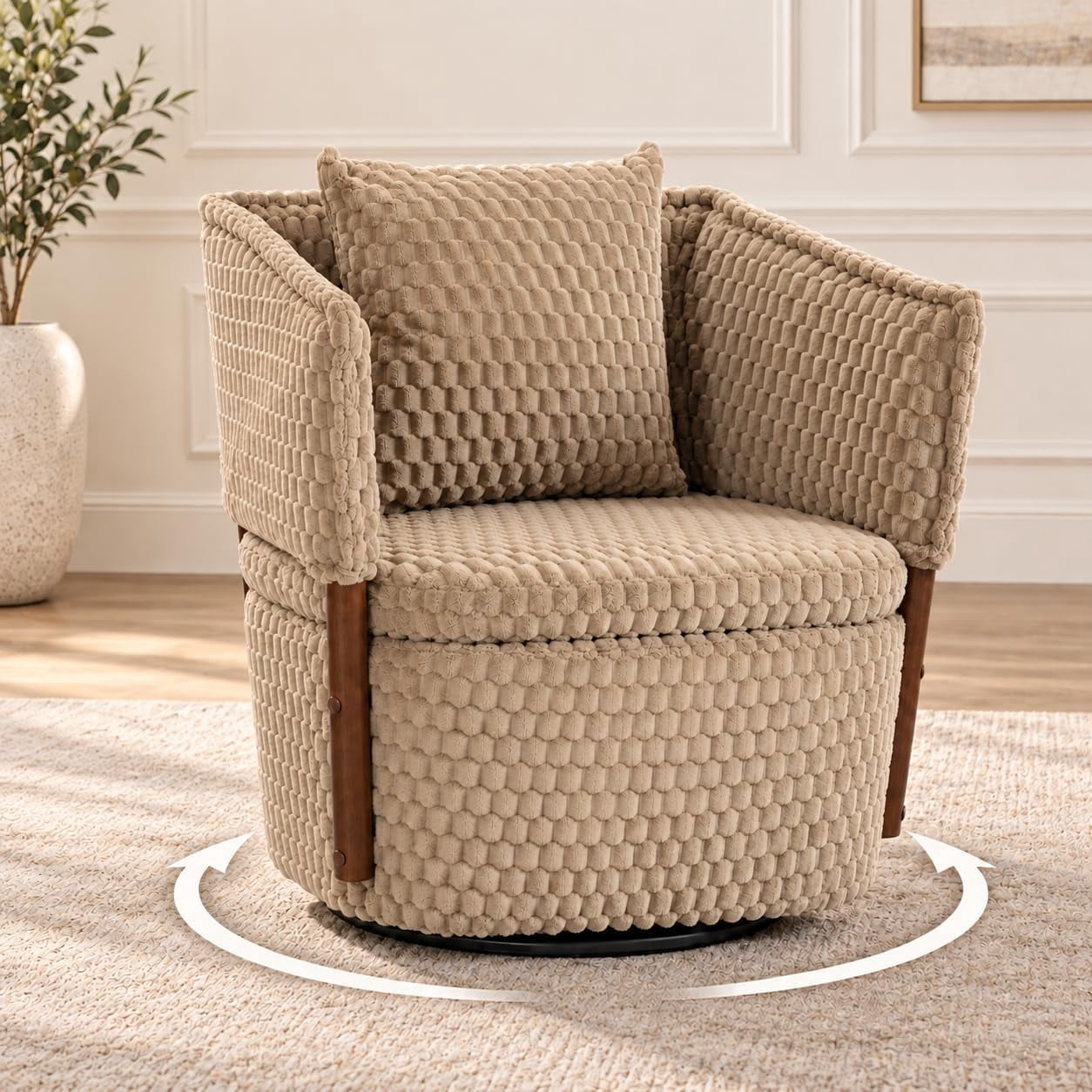 MOONIMSS 360°Swivel Accent Chair, Corduroy Vanity Chair with Storage,Coffee